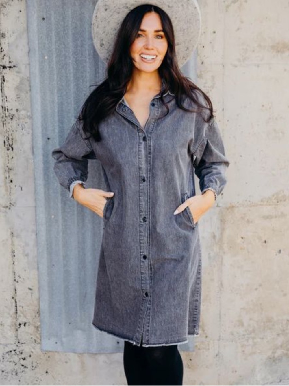 Mikarose Nora Denim Shirt Dress Faded Black Button Front Raw Fringe Hem Small